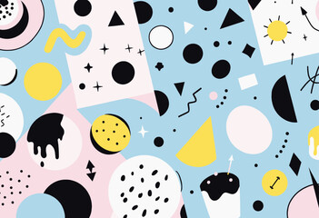 A variety of geometric shapes, including circles, triangles, and squares, in a mix of pastel and bold colors, with some elements resembling desserts or food items. Vector patterns, random pattern