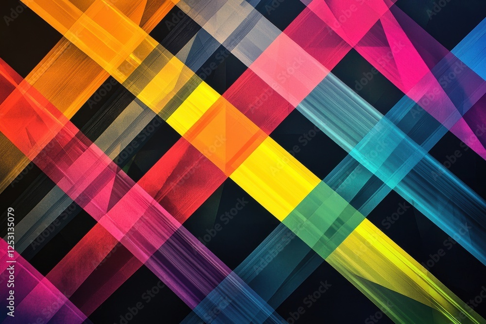 Poster dynamic abstract pattern of colorful laser beams crossing against a dark gradient background