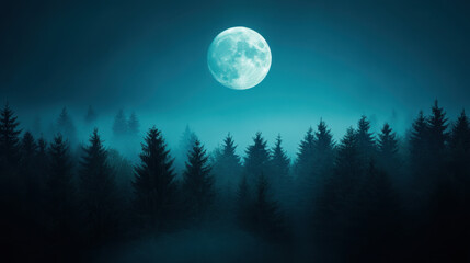 dark, spooky pine forest at night under full moon creates eerie atmosphere. mist adds to mysterious vibe, making it captivating scene for nature lovers