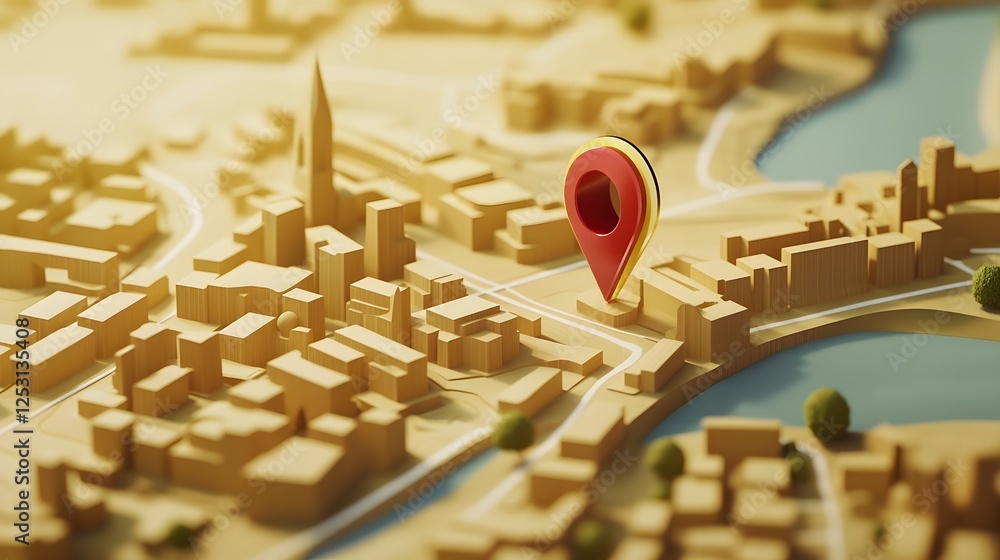 Aufkleber Aerial view of a detailed 3D city map layout with red GPS location pin pointer representing urban infrastructure downtown skyline business and technology innovation concept