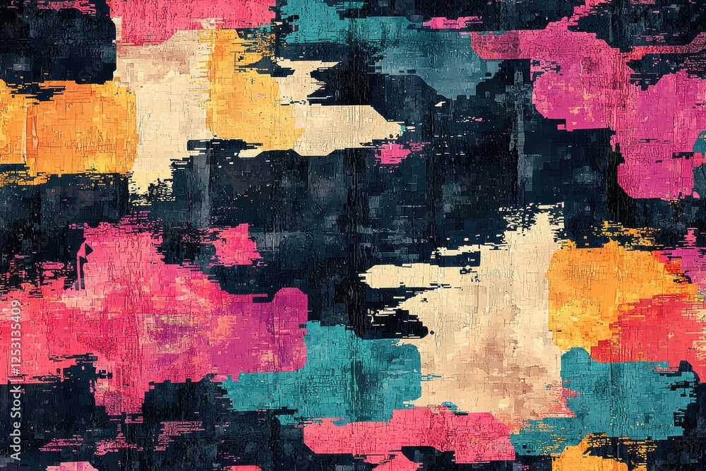 Poster energetic abstract pattern of pixelated shapes dissolving into colorful textures on layered backgrou