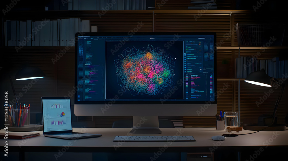 Poster colorful data visualization on a modern computer desk