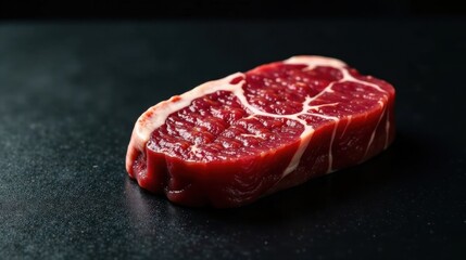 A single, richly marbled cut of raw beef rests on a dark surface, showcasing its intense red color and intricate fat marbling.