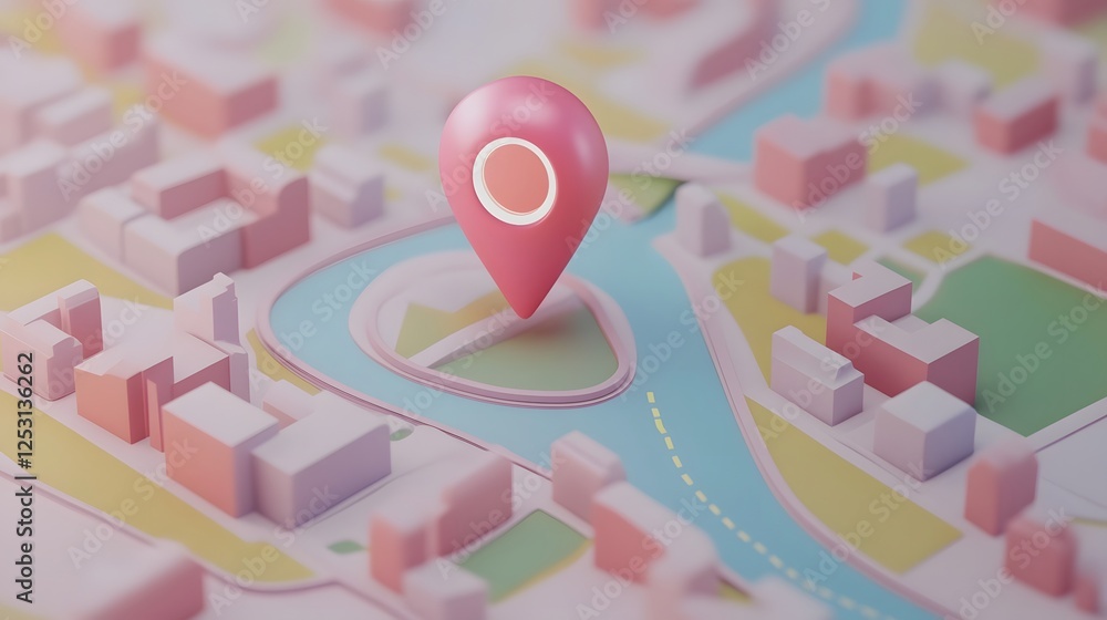 Leinwandbilder Aerial view of a detailed 3D miniature model of a city map with a GPS location pin marker on a colorful geometric urban landscape  The image represents concepts of navigation spatial analysis