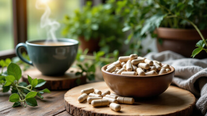 Magnesium Glycinate Supplement displayed with a cup of coffee and a bowl, suggesting daily consumption or use for wellness purposes.