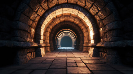Obraz premium deep underground tunnel with multiple arches, illuminated by warm light, creates mysterious and cinematic atmosphere. stone walls and floor add to realism of this scene