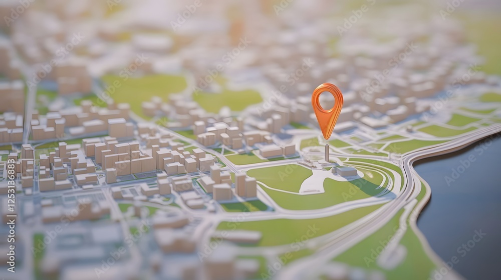Fototapete aerial view of a detailed city map with gps navigation marker and various transportation routes road