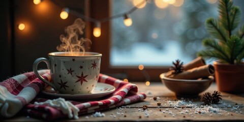Fototapeta premium A warm beverage in a festive mug rests on a cozy checkered cloth beside a bowl of aromatic spices, creating a tranquil winter scene illuminated by soft lights.