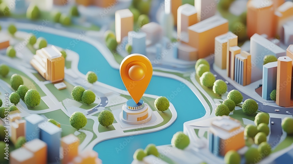 Fototapete Aerial view of a detailed miniature model of a modern city layout with GPS navigation pointer icon on the street map display showcasing urban planning and real estate development concepts