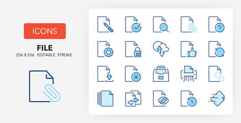 Line icons about files. Contains such icons as archive, shredder, attachment and more. 256x256 Pixel Perfect editable in two colors