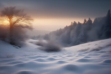 Winter landscape with sunset.