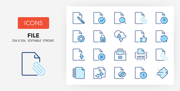 Line icons about files. Contains such icons as archive, shredder, attachment and more. 256x256 Pixel Perfect editable in two colors