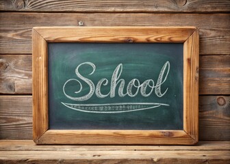 Rustic Wooden Framed Chalkboard with Handwritten "School" in Elegant Cursive Script - Education Background