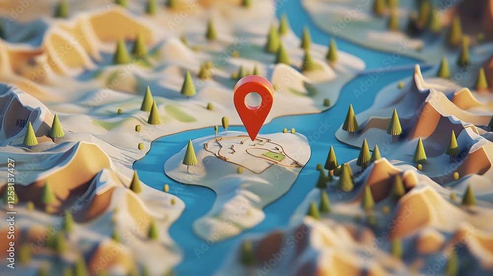 Poster Aerial view of a detailed topographical map showing a mountainous landscape with a red GPS location marker indicating a point of interest or destination  The image has a digital