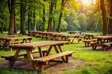Fototapeta premium Rustic Wooden Picnic Tables in Natural Setting - Perfect for Outdoor Dining & Gatherings