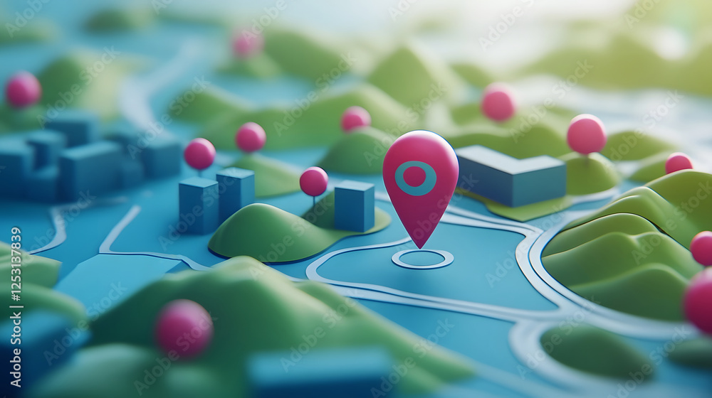 Fototapete Aerial view of a digital map interface with a GPS location pointer icon over a stylized grid like landscape of a town or city environment  The image represents modern navigation technology