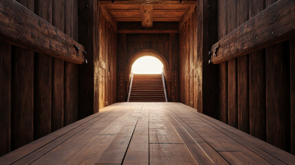 direct view of heavy wooden wall leading to bright archway, showcasing rustic interior with wooden beams and staircase. warm tones evoke sense of tranquility and history
