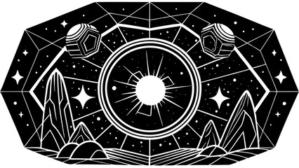 Cosmic mandala, geometric circles, starry night sky, mountains, abstract landscape, black and white illustration,