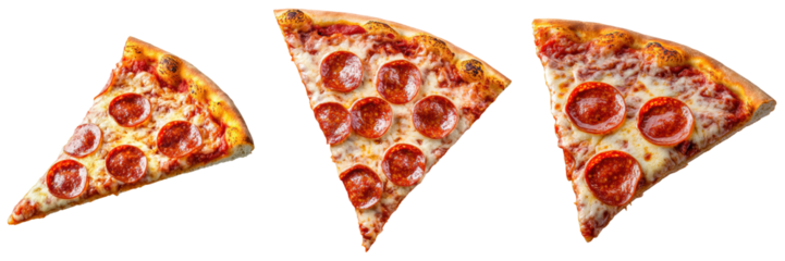 Three slices of pepperoni pizza are shown in a row
