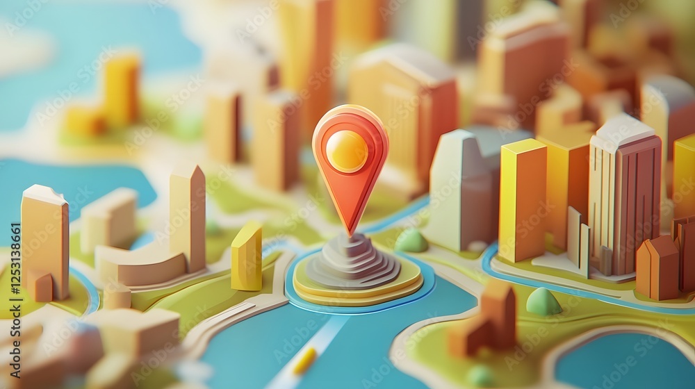 Aufkleber aerial view of a futuristic city skyline with gps marker pin pointing to a location on the digital 3