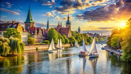 Naklejka premium Sailboats on River, Summer Day, Scenic View, Architectural Photography