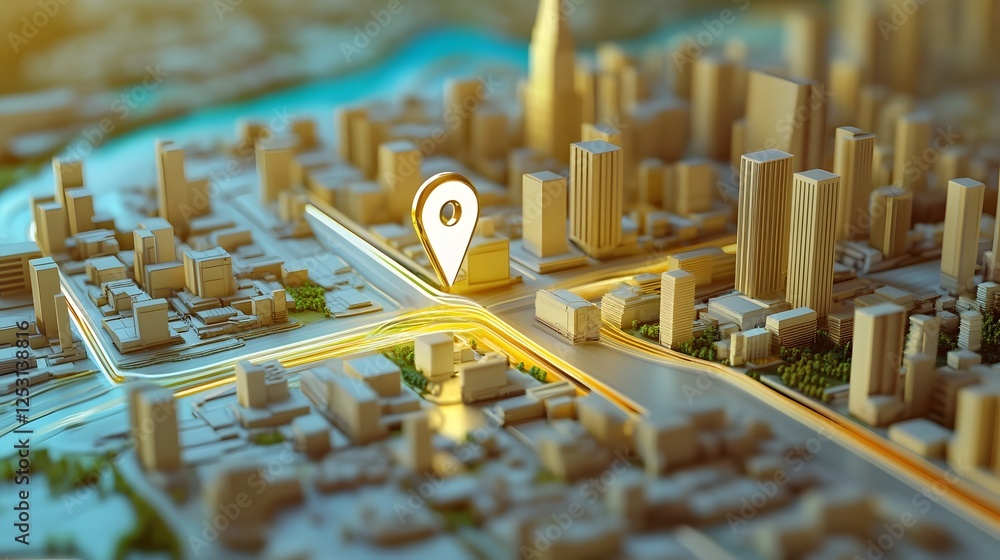 Leinwandbilder aerial view of a futuristic digital 3d cityscape with navigation pins and markers showcasing the urb