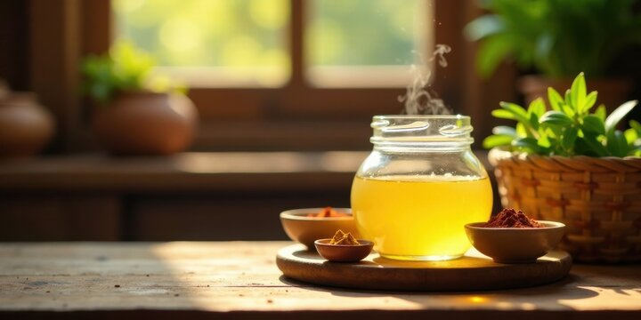 Golden elixir in a glass jar, accompanied by aromatic spice powders on a rustic wooden surface, bathed in warm sunlight