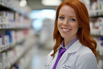 Smiling pharmacist in a pharmacy aisle with products