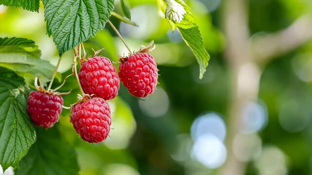 Raspberry. Big ripe raspberries cluster on a blurred green background. Red sweet berries growing on raspberry bush in fruit garden in nature. Many crimson fresh raspberries. Abundance. Summer Harvest.
