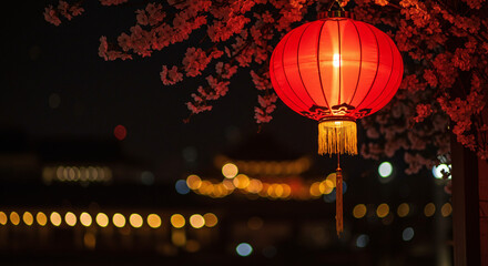 Obraz premium A vibrant red lantern glowing with golden light, hanging against the night sky and surrounded by delicate cherry blossom branches. atmospheric and cultural feel. Copy space available.