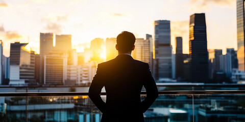 Fototapeta na wymiar Businessman gazing at sunset over city skyline