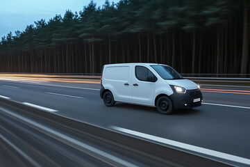 Obraz premium Delivery van travels through a forested highway at dusk