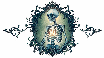 Fototapeta premium Generative AI illustration of scary dry human skull with colorful carnival hat and flowers on rocky surface against grassy forest background