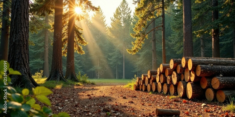 Poster golden sunlight streams through a dense forest, illuminating a path leading to a stack of freshly cu