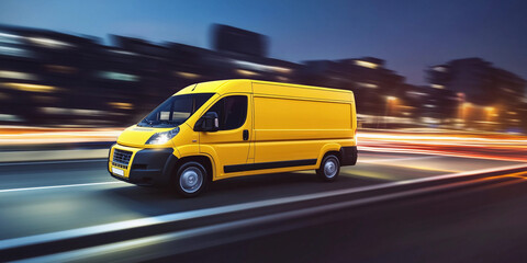 Fototapeta premium Bright yellow delivery van on a city street at night