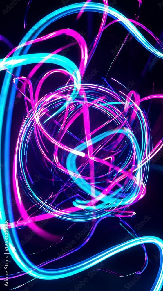 Poster pink and blue neon lights swirl and intertwine, creating dynamic abstract patterns against a black b