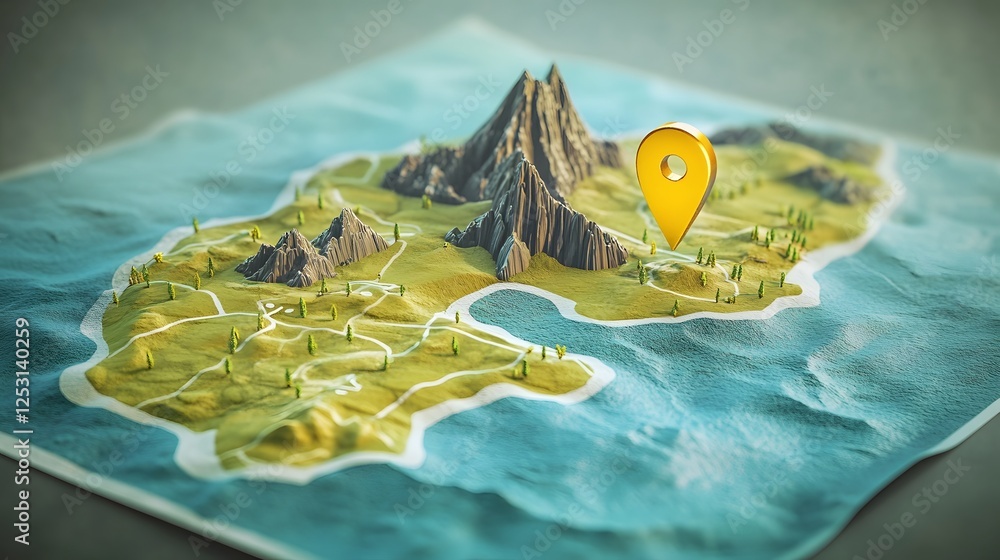 Aufkleber Aerial view of a lush tropical island with mountainous terrain rugged coastline and crystal clear ocean waters displayed on a detailed navigation map with a pin marker suggesting a remote