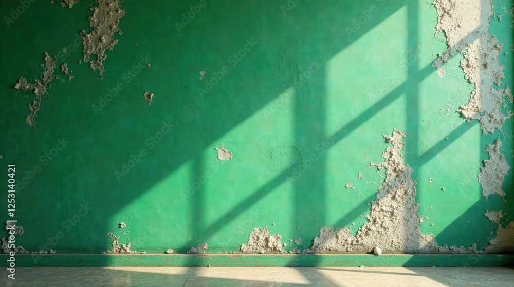 Aufkleber Sunlit Green Wall with Flaking Paint and Shadow Patterns of a Window