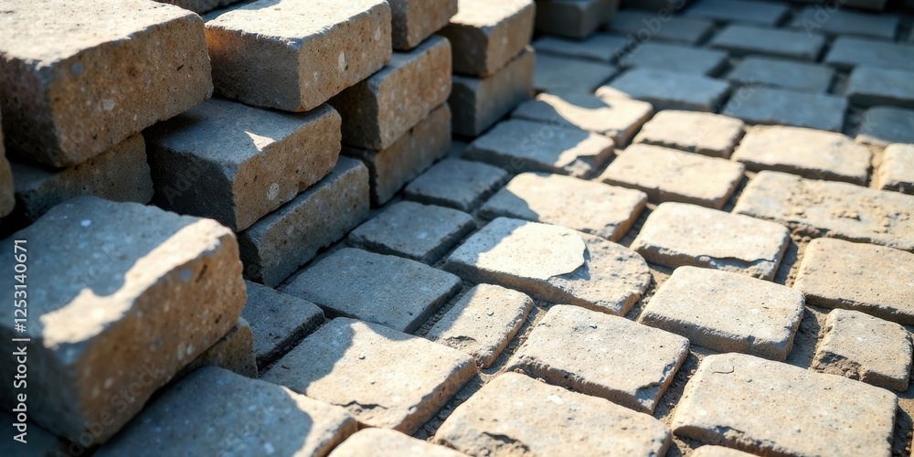 Poster stack of paving stones ready for installation on a newly constructed cobblestone pathway