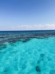 Obraz premium View from a boat on the sea in Egypt, featuring clear sky and vibrant blue water with darker coral-covered areas, showcasing natural marine beauty and coastal tranquility.