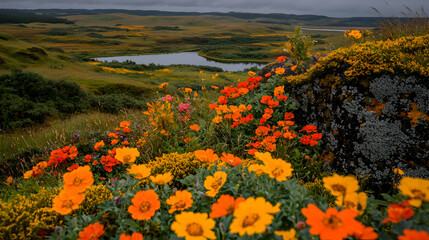Fototapeta premium Icelandic wildflowers bloom near lake, overcast sky, landscape