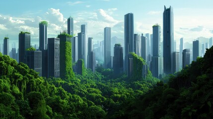 Obraz premium Urban Jungle: Skyscrapers Embraced by Nature and Lush Greenery