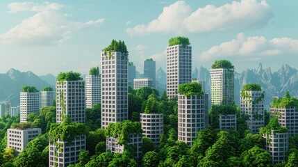 Fototapeta premium Modern Urban Landscape with Greenery and Mountain Backdrop