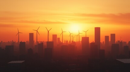 Fototapeta premium Urban Skyline with Wind Turbines at Sunset in Vibrant Colors