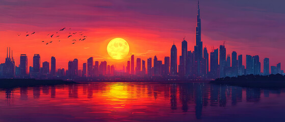 Obraz premium Cityscape sunset, water reflection