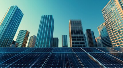Fototapeta premium Modern Cityscape with Solar Panels Reflecting Blue Sky and Skyscrapers