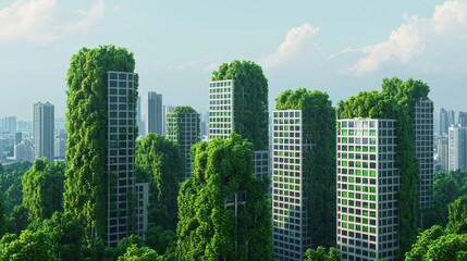 Obraz premium Lush Green Skyscrapers Surrounded by Urban Nature and Cityscape