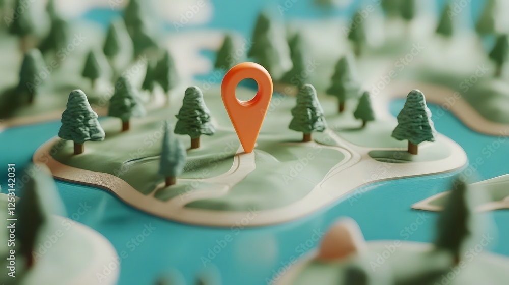 Poster aerial view of a minimalist geometric forest landscape with a prominent red map pin or location mark