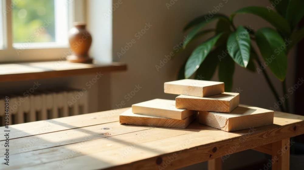 Aufkleber sunlight illuminates a stack of unfinished wooden blocks resting on a rustic wooden table near a win