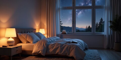 Serene Nighttime Bedroom Sanctuary with Starry Night View and Soft Lighting